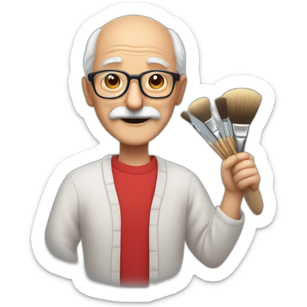 smiling old man who doesn't have much hair anymore, wearing a big gray mustache, glasses and a red shirt. he is holding an artist's palette and a paintbrush sticker