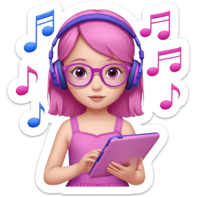 Little girl with purple headphones when pink eyes and pink iPad and pink dreamy background and rose colored glasses and blue music notes around her and pink dress sticker