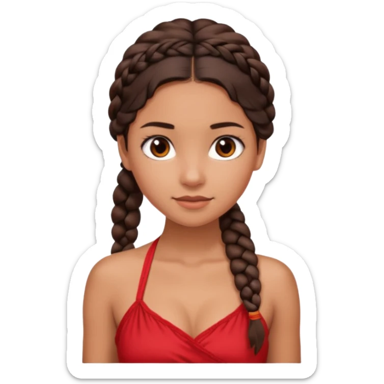 A tanned girl's face Over-the-shoulder braid dark brown hair with red halter top sticker
