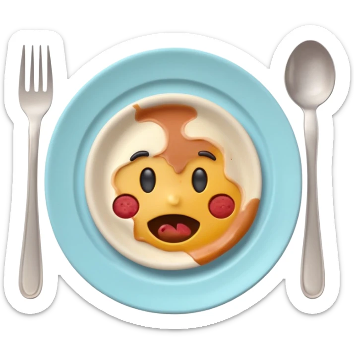 Cute 3D emoji of a dirty plate after eating, leftover food scraps, sauce stains on the plate, small fork and spoon resting on the plate, slightly messy but funny, soft pastel colors, rounded shape, clean background, kawaii style, expressive and playful, high quality, emoji style sticker