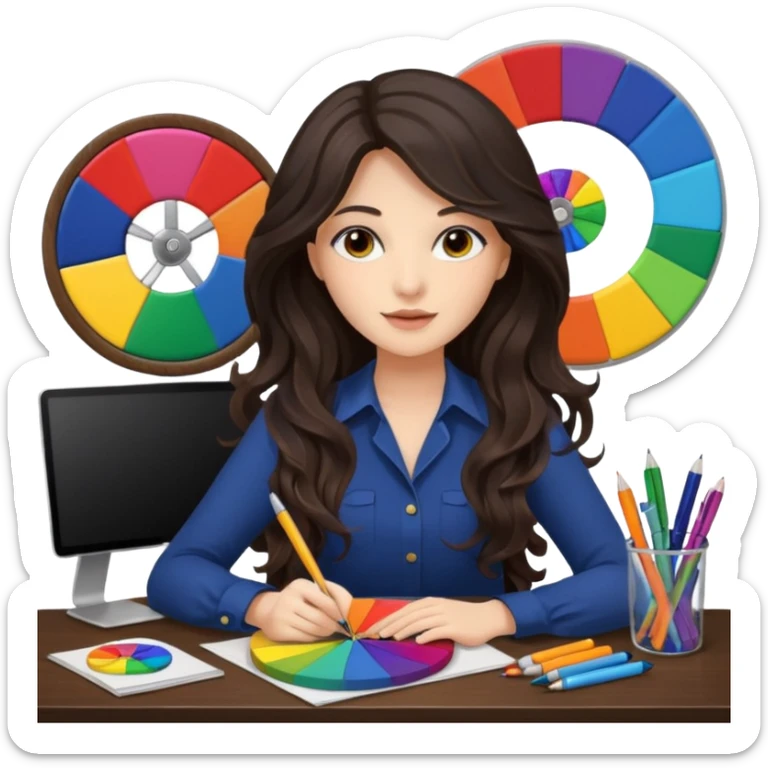 female dark wavy long hair graphic designer , holding color wheel , pens, papers, desktop sticker