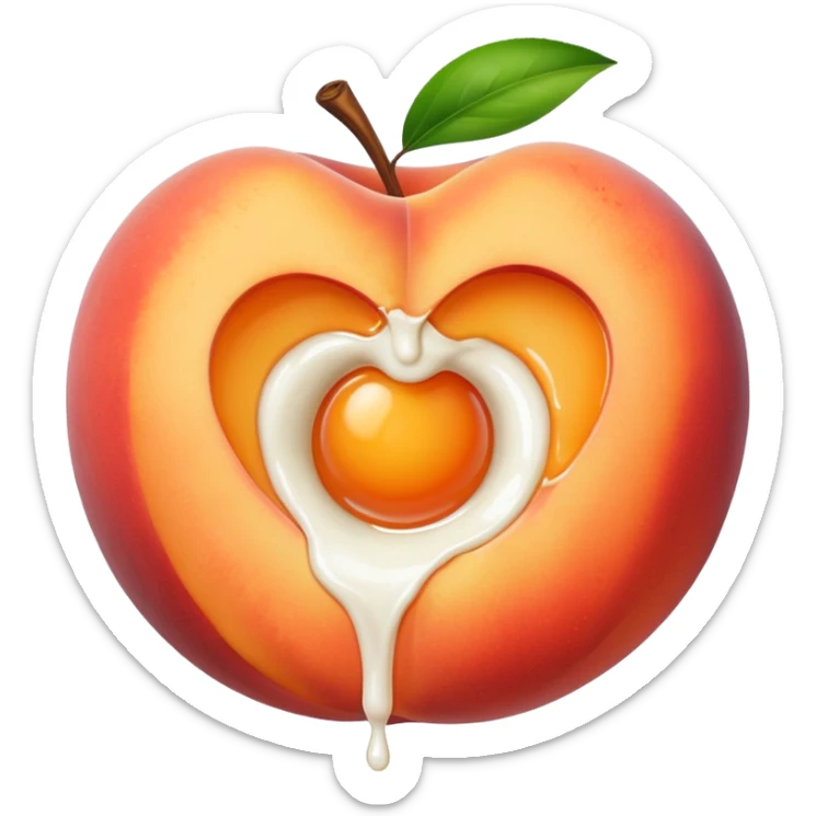 big hole in the middle of a peach. milk is leaking out of the hole sticker