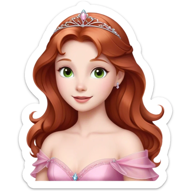 Cinematic Radiant Sleeping Beauty Portrait Emoji, rendered in a realistic, vector style with clean proportions. Show Aurora with a gentle smile, porcelain skin, and beautifully styled auburn hair, wearing her classic pink gown. The image glows with a soft, inviting radiance and high shine, accentuated by a soft glowing outline that enhances her graceful charm. sticker