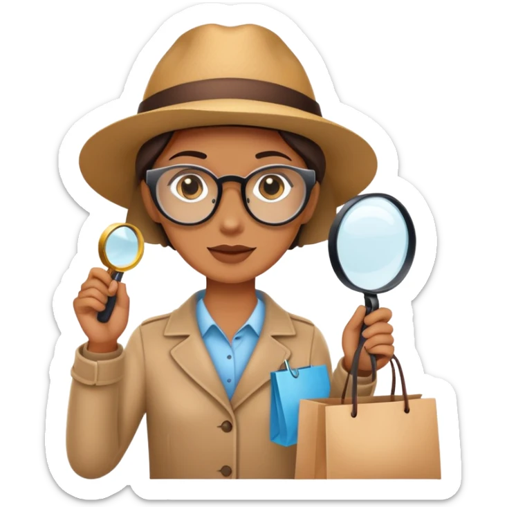 mystery shopper holding a magnifying glass and a shopping bag sticker