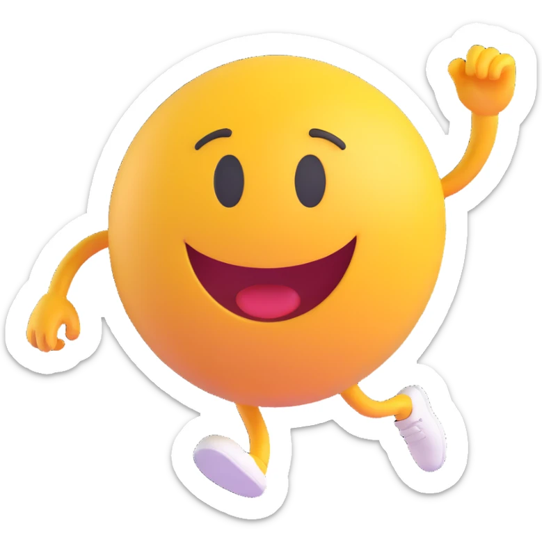 3D smiley emoji, round shape, student running on sports field, orange color, energetic face sticker
