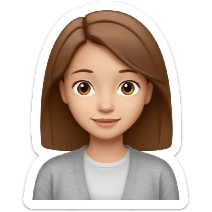 The girl has straight medium-length brown hair, light skin, wearing a white t-shirt and gray cardigan. Gentle smile, friendly neutral expression sticker