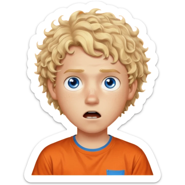 teenage boy with curly blond hair and blue eyes with freckles wearing an orange “Camp Halfblood” tshirt with the official percy jackson camp halfblood logo on it have hime doing a shocked face sticker