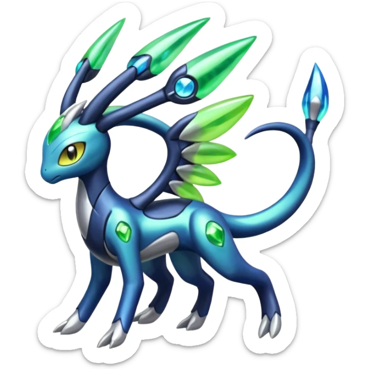 Colorful iridescent futuristic shiny Meloetta-Zygarde-Cresselia-Palkia-Dialga-Electrike-Manectric-Fakémon-fusion, full body sticker