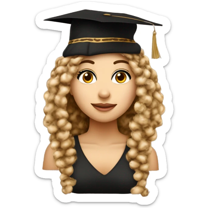 Ragazza con capelli ricci castano chiaro, occhi castani, vestita elegante con questo cappello 🎓, ed un leopardo vicino sticker