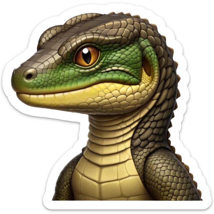 Cinematic Realistic Noble Monitor Lizard Portrait Emoji, Poised and imposing, with a robust, muscular build and a rugged, intricately scaled hide in natural olive and dark brown tones, a sharply defined head with intense, observant eyes, rendered with lifelike detail and authentic texture, high shine, intelligent and formidable, styled with an air of desert authority, focused and attentive, soft glowing outline, capturing the essence of a watchful and confident monitor lizard that appears ready to stride out of the screen with effortless power! sticker