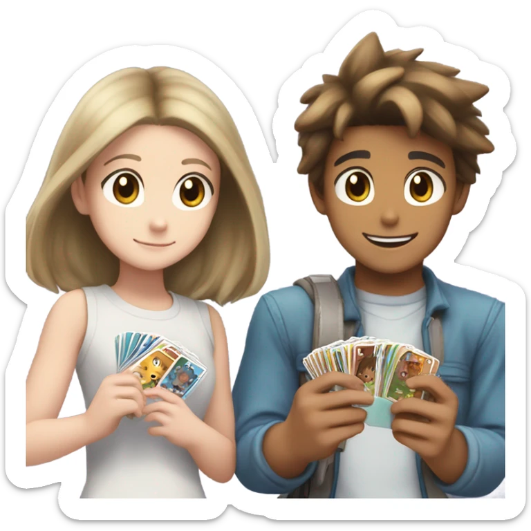 white brown haired boy and white brown haired girl open pokemon cards together sticker