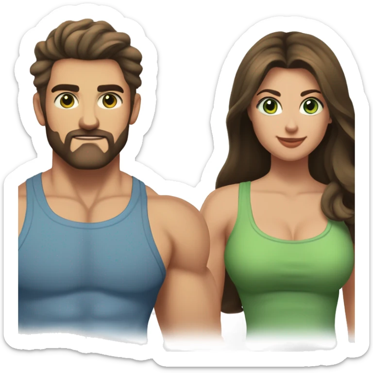 A pretty long dark-haired woman with an olive green tank top large breasts and green eyes next to a handsome muscular man with short brown hair, a thin salt and pepper beard blue eyes and a blue muscle shirt sticker