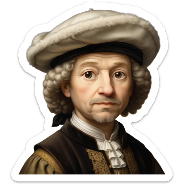 emoji of rembrandt,-shown-as-a-master-artist-with-deep,-introspective-eyes-and-richly-detailed-period-clothing,-rendered-with-dramatic-chiaroscuro-lighting-that-emphasizes-his-legacy white puffy hat sticker