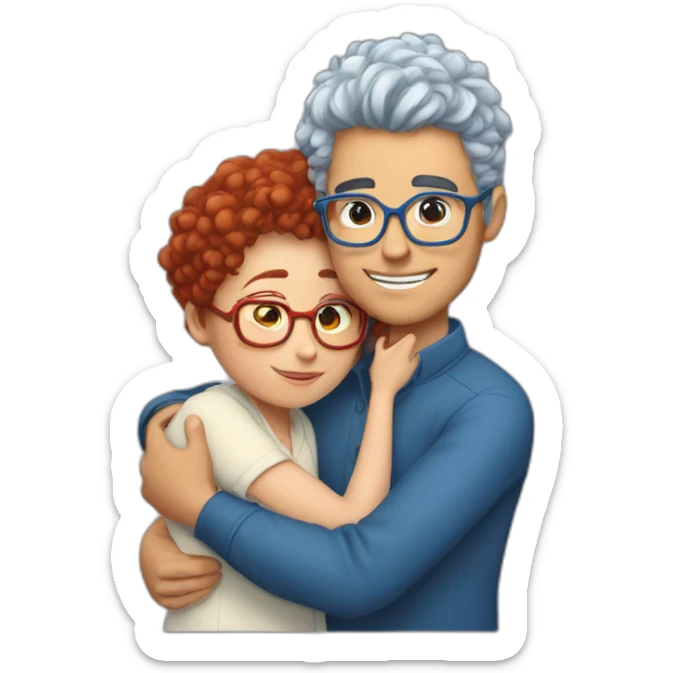 a girl with red curly hair and blue glasses hugging a boy with gray hair sticker
