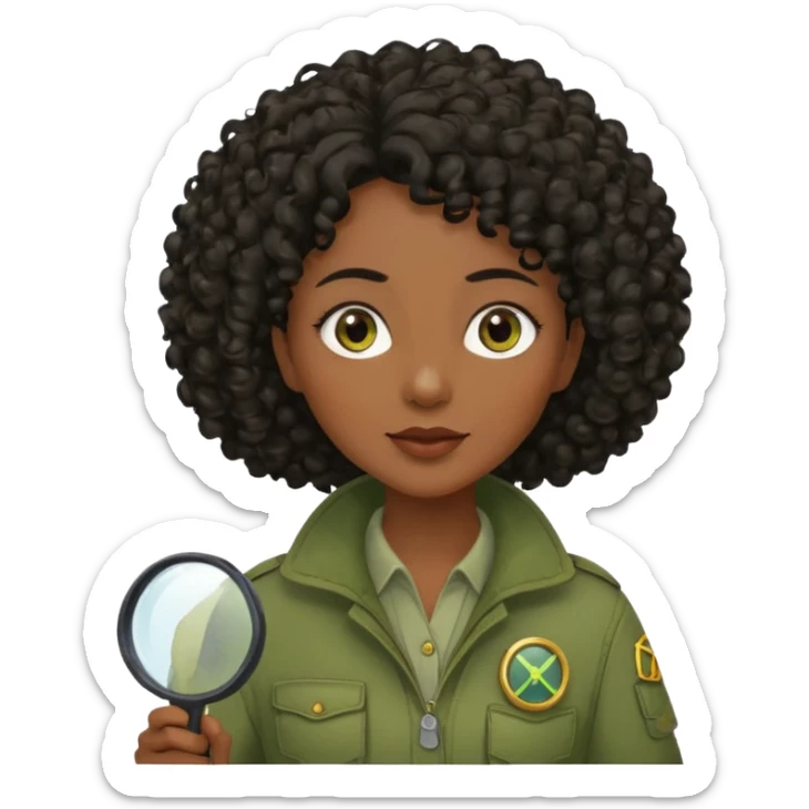 dark skin curly black haired middle-aged woman in moss green explorer outfit, holding magnifying glass sticker