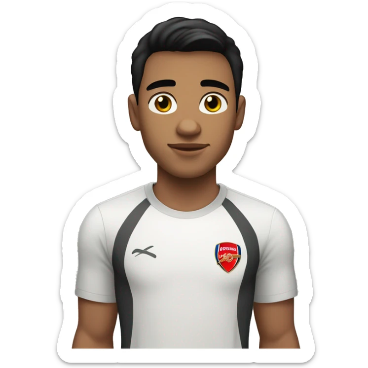 white 22 years old male with black hair and standard haircut also with brown eyes. Wearing an Arsenal t-shirt sticker