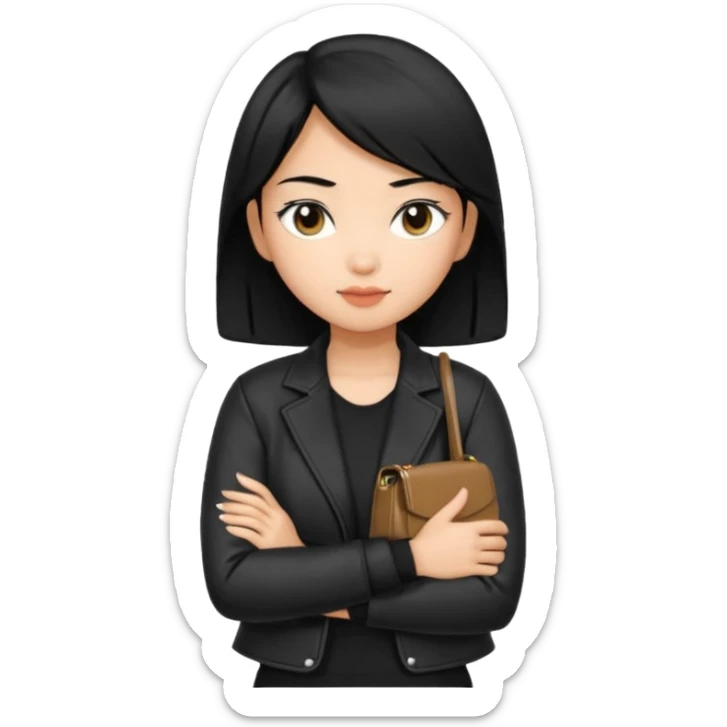 A girl with a pony tail black hair and Asian tan skin, Asian eyes, with a black jacket and a black purse with arms crossed  sticker