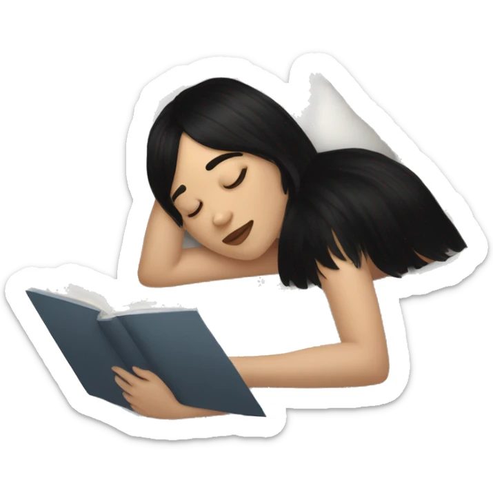 Woman pale skin black hair with bangs sleeping in bed with pillow, white woman sticker