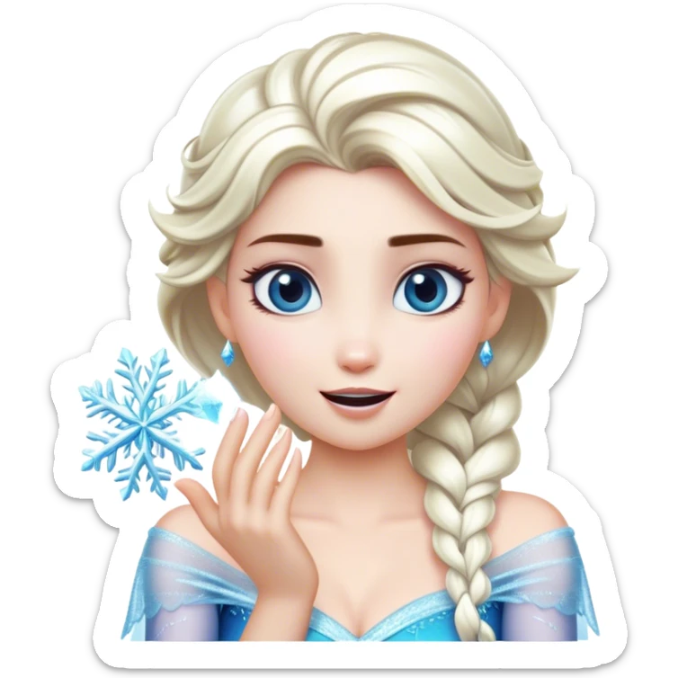 Cinematic Playful Elsa Portrait Emoji, Blowing frost from her hands in a dazzling display, eyes filled with mischief, exuding a magical charm that is both fun and enchanting! sticker