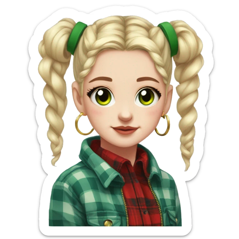  Pale girl, blue eyes, green hair, space buns hairstyle, wearing a red flannel, gold hoop earrings, thick wing eyeliner sticker