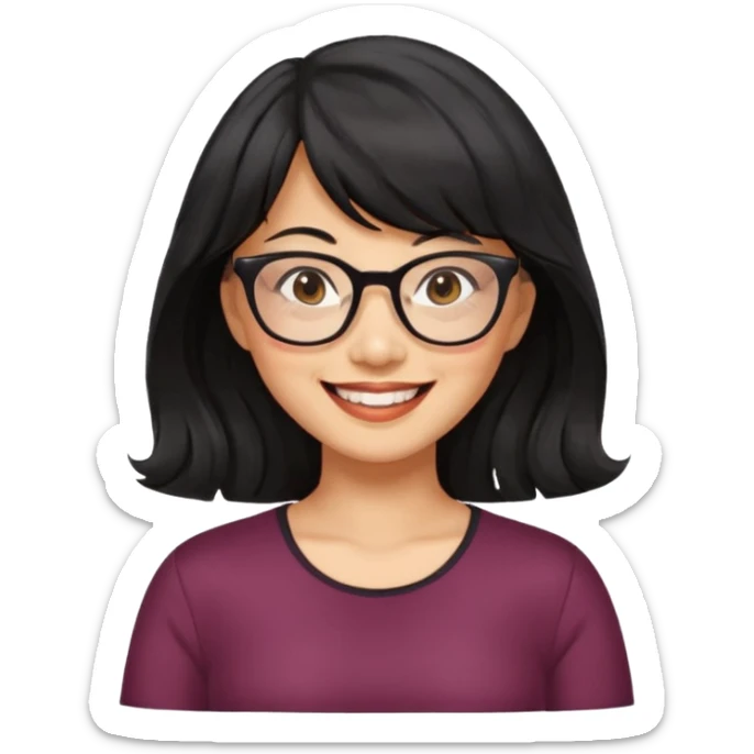 40 yr old asian woman wavy black hair bangs big glasses big smile tanned skin brown eyes sticker