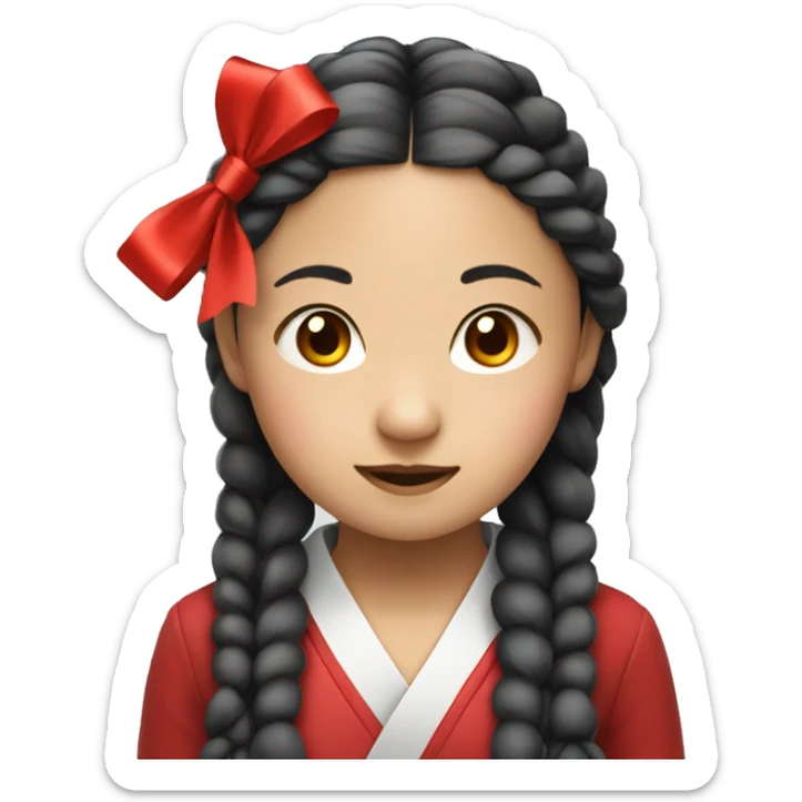 An Asian girl with braided hair and a red ribbon sticker