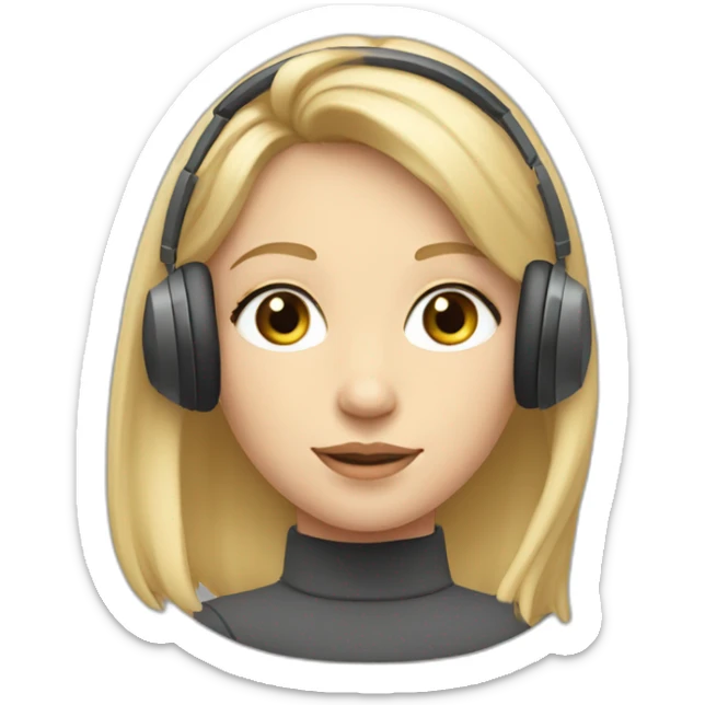 Straight blond haired girl with slightly slanted almond shaped eyes wearing noise cancelling headphones wearing a turtleneck  sticker