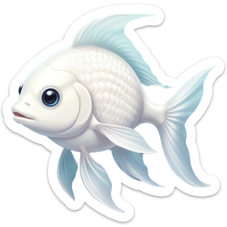 Cinematic Noble White Goldfish Portrait Emoji, Poised and regal, with a sleek, streamlined build and a luminous, pure white body, deep-set soulful pale eyes, Simplified yet sharp and sophisticated features, highly detailed, glowing with a soft, dignified glow, high shine, intelligent and graceful, stylized with an air of aquatic purity, focused and attentive, soft glowing outline, capturing the essence of a watchful and confident aquatic companion, so majestic it feels as though it could glide out of the screen with effortless authority! sticker