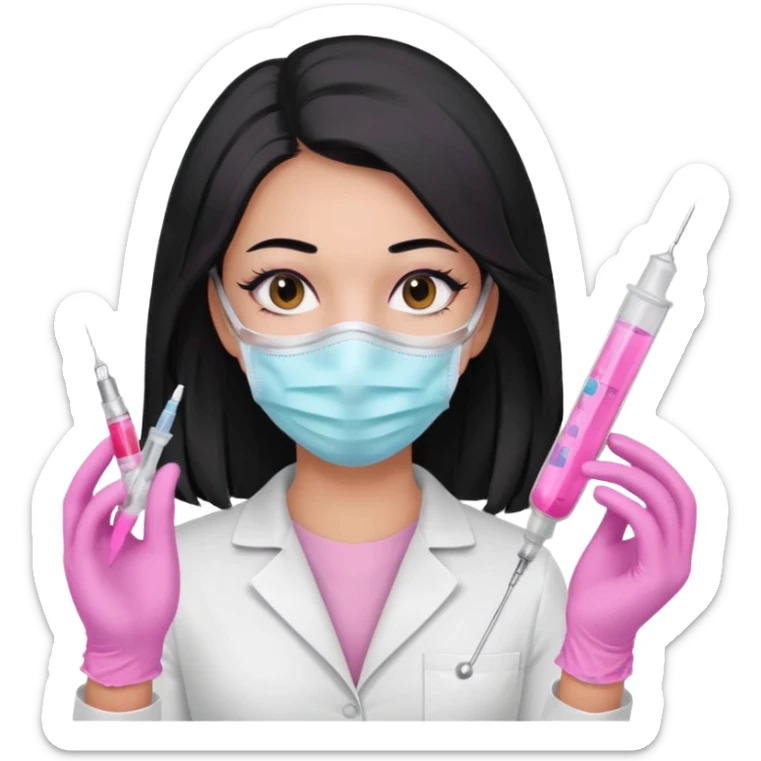 laboratorista con guantes rosa pastel y mascarilla rosa pastel jeringa tubo laboratorio sin lentes pelo lacio negro y largo sticker