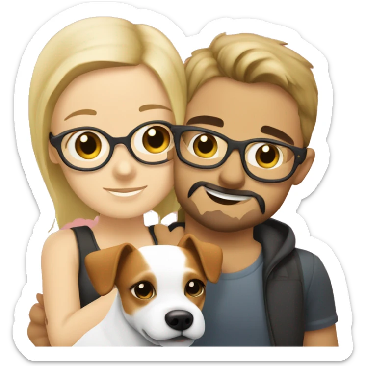  blonde girl without glasses and a white boy with glasses, a little Beard and moustache, both cuddling a jack Russell sticker