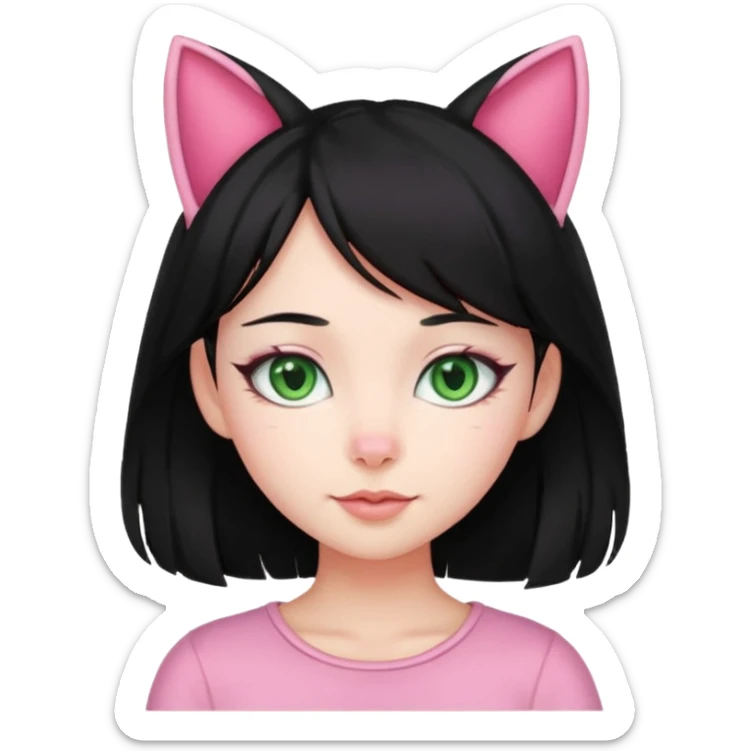 charming girl, black hair, green eyes, pink cat ears sticker
