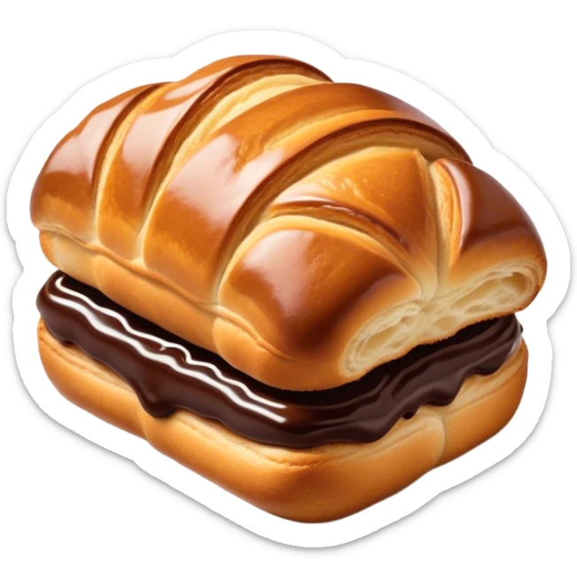 Cinematic warm pain au chocolat, flaky golden-brown pastry with a rich chocolate filling peeking through, perfectly crisp exterior, soft glowing highlights, inviting and indulgent. sticker