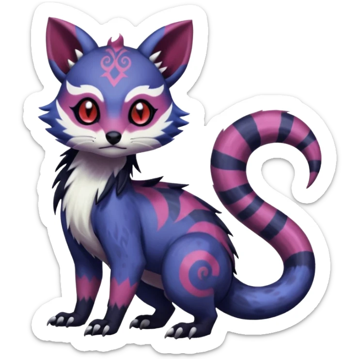 Rare warm-colored exotic gloomy tropical edgy cute epic aesthetic spooky indigo purple white black red gothic colorful Salandit-Furret-Espurr-Meowstic-Civet-species-Fakemon-hybrid-creature, with tribal tattoo markings, full body sticker