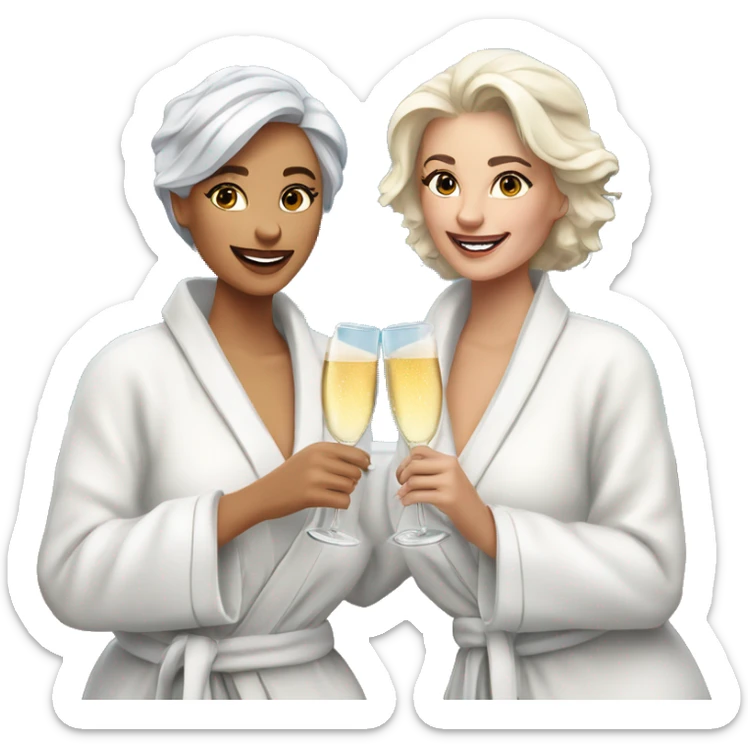 A young blonde woman and an older woman with silver hair are wearing luxurious white spa robes and having a glass of champagne with snow and mountains in the background sticker