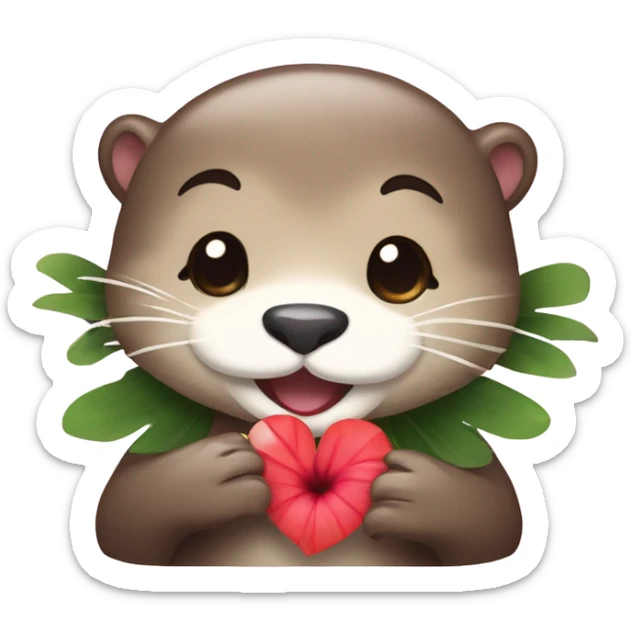 A happy and cute otter face with a Hawaiian flower tucked behind its ear, holding a heart. sticker
