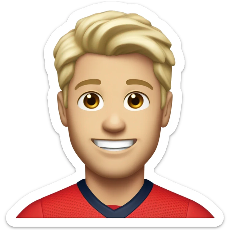 Skinny Caucasian male blonde combed over hair smiling wearing a Houston Texans polo sticker