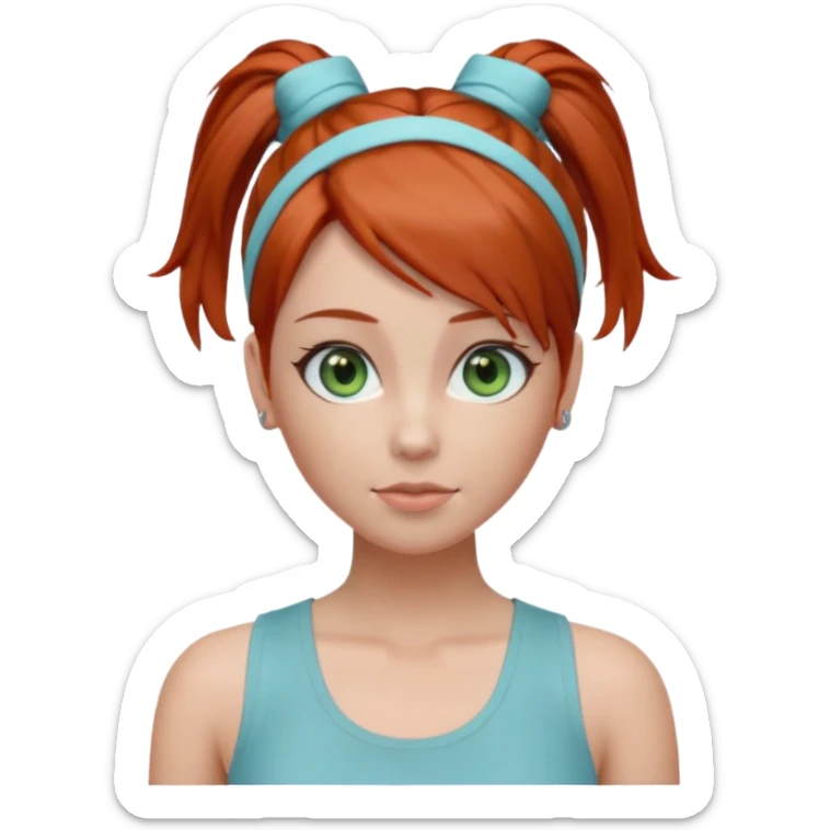 Emoji-style 3D female avatar with fair skin, large green eyes, soft makeup, and auburn-red hair tied in a high ponytail with a light blue hairband.
Wearing a light gray sleeveless tank top, centered front view, smooth realistic shading, clean lighting, isolated background, polished emoji realism. sticker