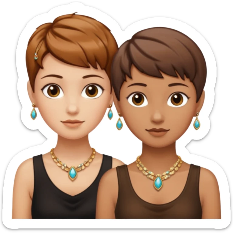 Fair skin and caramel colored besties with brown hair pixie cuts wearing jewelry  both brown hair  sticker