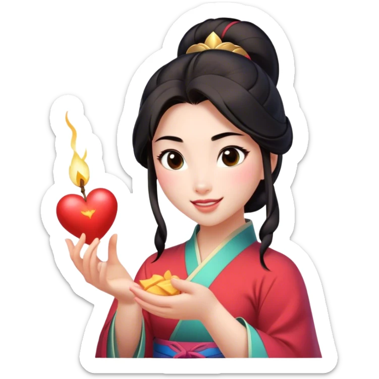 Cinematic Adorable Mulan Portrait Emoji, Playfully holding Cri-Kee in her hands, eyes sparkling with mischief, soft rosy cheeks, a warrior with a heart full of charm, radiant in the morning sunlight, glowing with warmth and joy! sticker