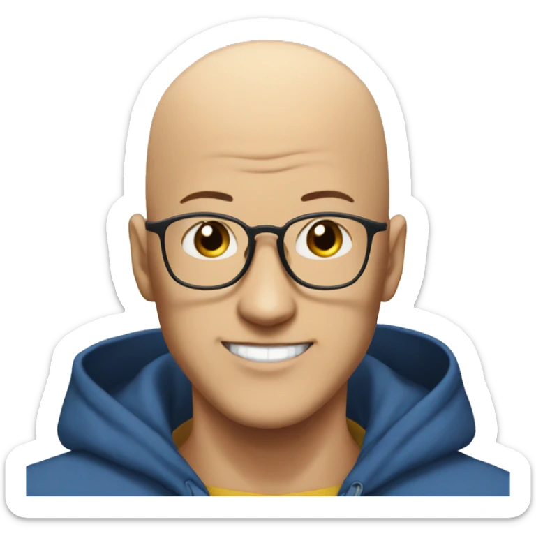bald saitama in his 30s wearing glasses, smiling, in a blue hoodie sticker