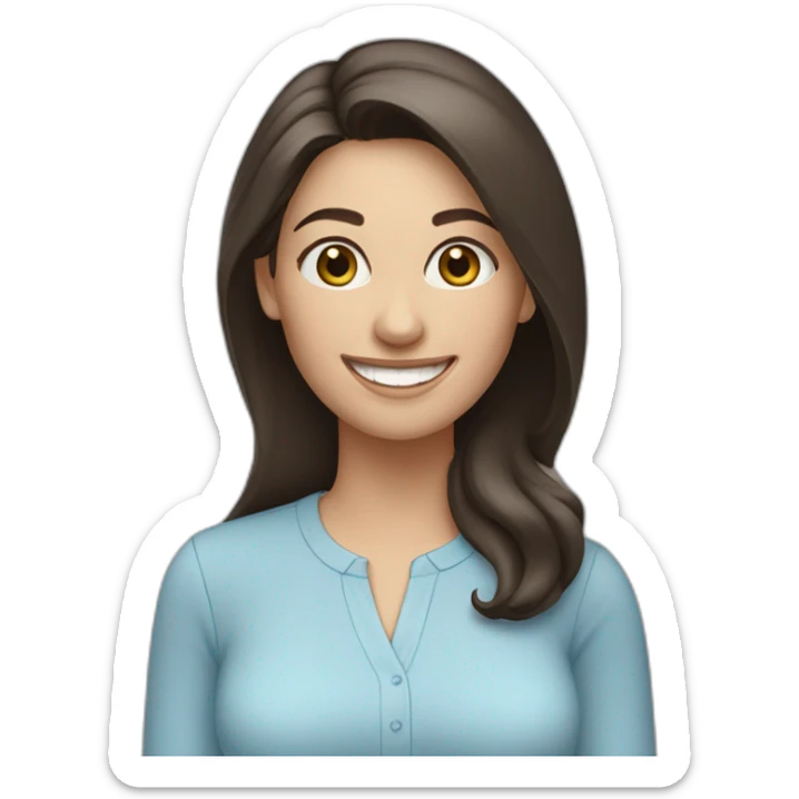 Caucasian woman with long dark brown hair, wearing a light blue blouse, smiling sticker