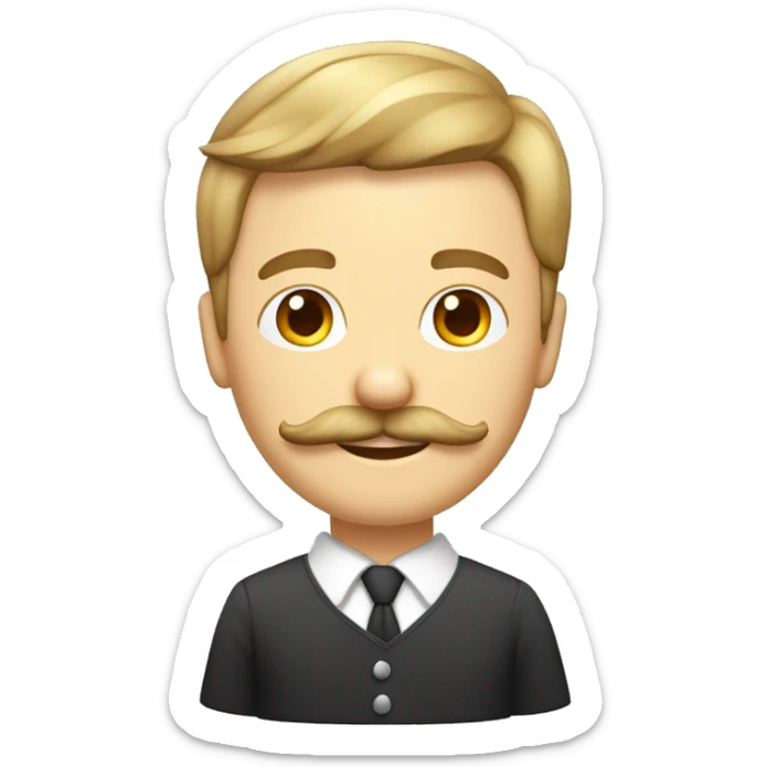 Un visage d’un homme blanc, cheveux couleur blond foncé avec moustache couleur châtain courte, coiffé en arrière sticker