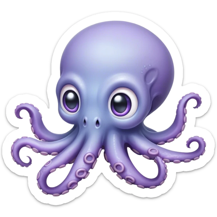 Meme-Worthy Floating Baby Octopus Portrait Emoji, Drifting gracefully in the water with soft, curled tentacles and a dreamy, weightless posture, showcasing a smooth, rounded light blue-purple body with mesmerizingly large, gentle eyes gazing into the abyss, Simplified yet poetically expressive features, highly detailed, glowing with a soft, celestial marine glow, high shine, quiet and mystical, stylized with an air of deep-sea serenity, soft glowing outline, capturing the essence of a tiny, peaceful cephalopod floating endlessly in the infinite beauty of the ocean depths! sticker