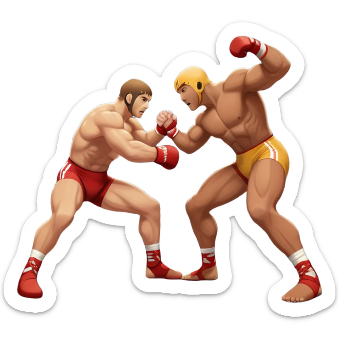An icon depicting two wrestlers in a grappling stance on the mat, engaged in a fierce combat. One fighter attempts a takedown, while the other resists. The background shows a wrestling arena with bright lights and spectators around the edge of the ring. Transparent background  sticker