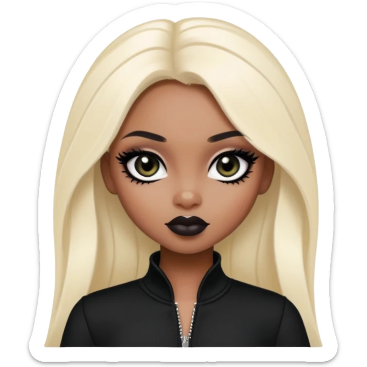 black pretty bratz girl, dark black eyes, black eyeliner, pale skin, black clothes sticker