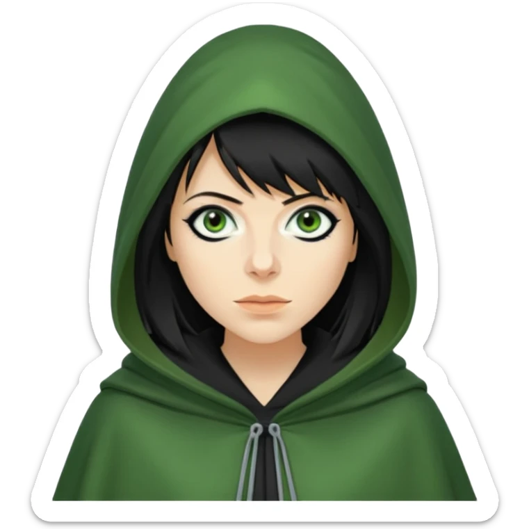 claudia winkleman as a traitor with a green hooded cloak and dark black eyeliner sticker
