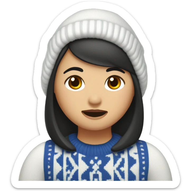 Asian woman with bob and frosty snowman sweater hitting cowbell sticker