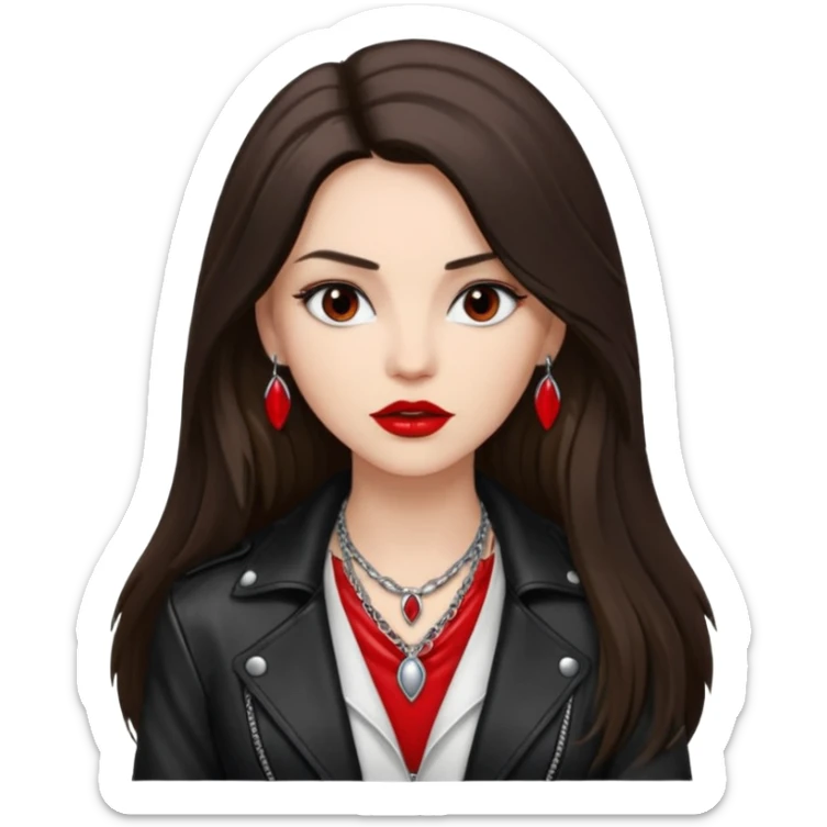 brunette with very long hair in black cuir jacket with red lips and very dark brown eyes and white shirt and mysterious necklace without ear piercing sticker