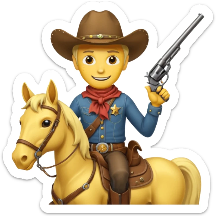 Cowboy riding a horse with revolver. Cowboy With yellow skin and smilling. I mean the face should yellow like mustard color. Simplize it and I need a full pic with horse. Like I need the leg part too sticker