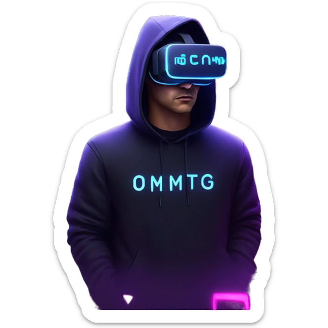 Russian man wearing a black hoodie with "OMG" letters on it and VR headset in a cyberpunk VR environment with violet neon lighting. sticker